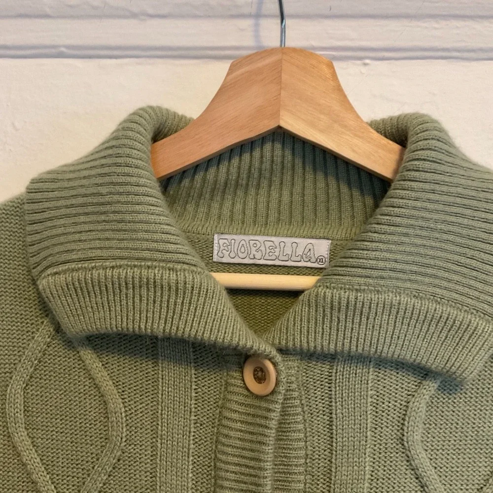 Fiorella Vtg Cardigan Sweater Chunky Cable Knit Pockets Academia Relax Green XL - Picture 3 of 7